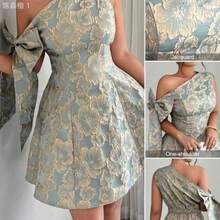 jianchaimaoyi02  Vestido mini asimétrico de hombro con cintura recogida, decoración de lazo y tela jacquard, elegante para fiesta/cita, primavera/verano - Verde - Ver 1