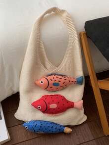 1pc White Tote Bag With 3D Fish Decoration, Large Capacity Casual Shoulder Handbag, Reusable Multi-Purpose Storage Bag, Cute Beach Tote For Summer Vacation, Daily Use, Shopping, Work, School & Travel, Lightweight & Durable Knit Shoulder Bag, Perfect Birthday/Holiday Gift For Her.,Back To School - Multicolor - View 12