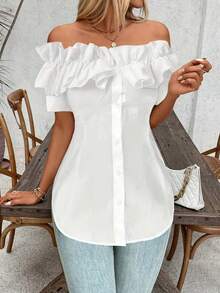 Talla Grande - Talla Grande - Camiseta de Mujer de Talla Grande, Color Sólido, Volantes y Hombros Descubiertos, Manga Corta - Blanco - Ver 4