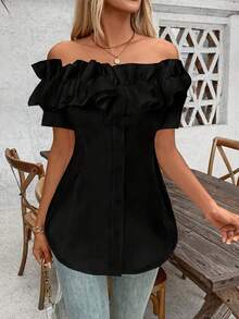 Talla Grande - Talla Grande - Camiseta de Mujer de Talla Grande, Color Sólido, Volantes y Hombros Descubiertos, Manga Corta - Negro - Ver 6