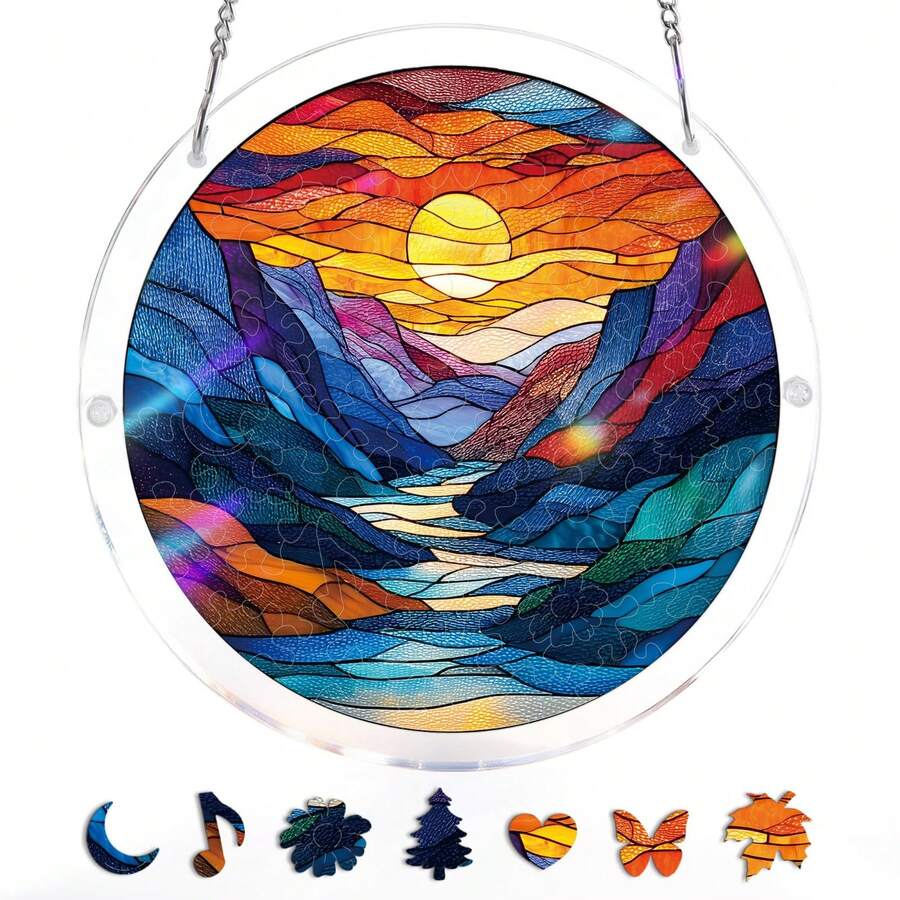 Acrylic Puzzles Suncatcher Window Hanging, 83 Pieces 7.4 Inch Sun Catcher Acrylic Puzzles Garden Decoration For Women Men Mom Birthday Gift Home Decor (Dawn Flower) - 月光下的河景 - 查看 1