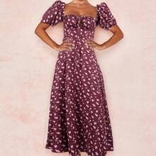 Robe femme printemps 2026 style européen et américain français, coupe slim, dos nu, imprimé floral, fente, bretelles, respirante et confortable - Rouge foncé - Voir 3