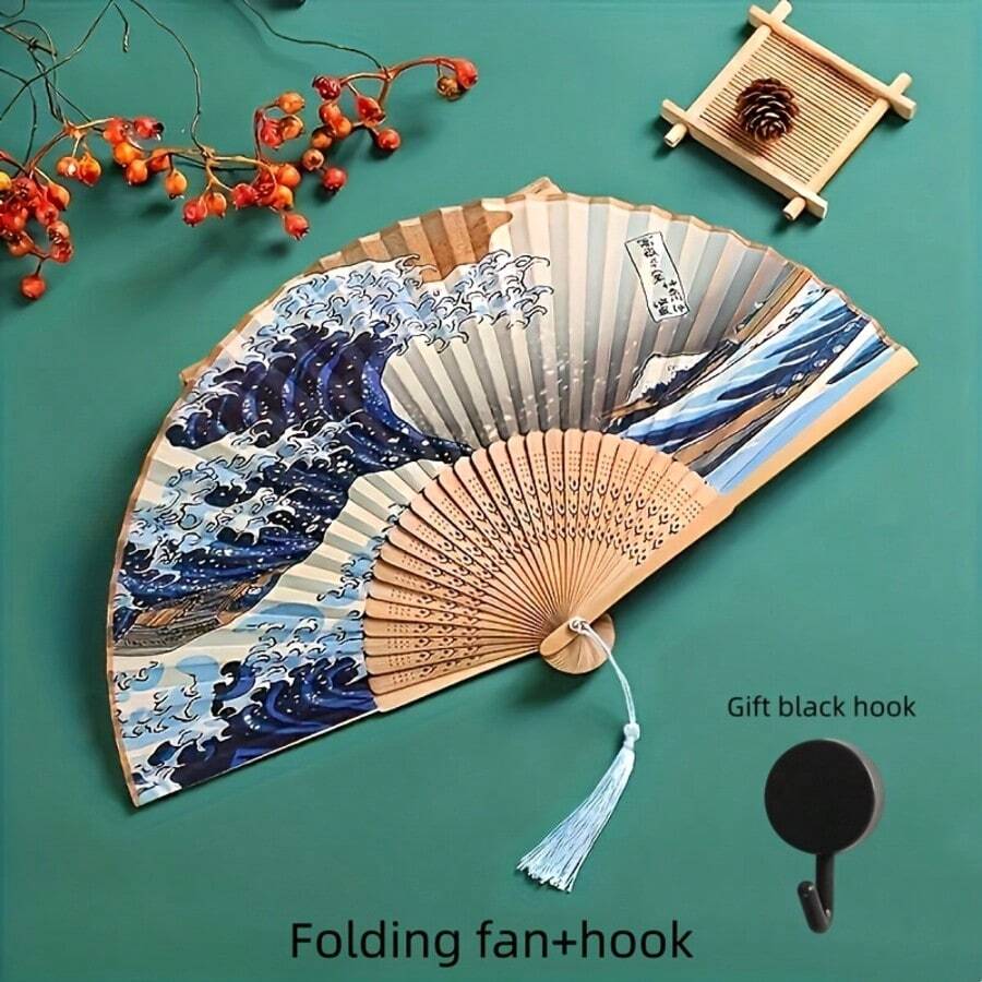 2件神奈川海域傳統摺扇+掛鉤,優雅流蘇手扇,飾以神奈川藝術圖案,適用於舞蹈、婚禮、文化活動 - 極佳禮物,適合女性、舞蹈表演、歷史風格配件 - 多色 - 查看 1
