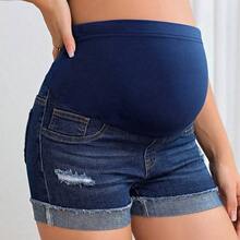 WNSS  Maternidad Shorts en mezclilla de cintura ajustable desgarro bajo de doblez - Azul lavado medio - Ver 6
