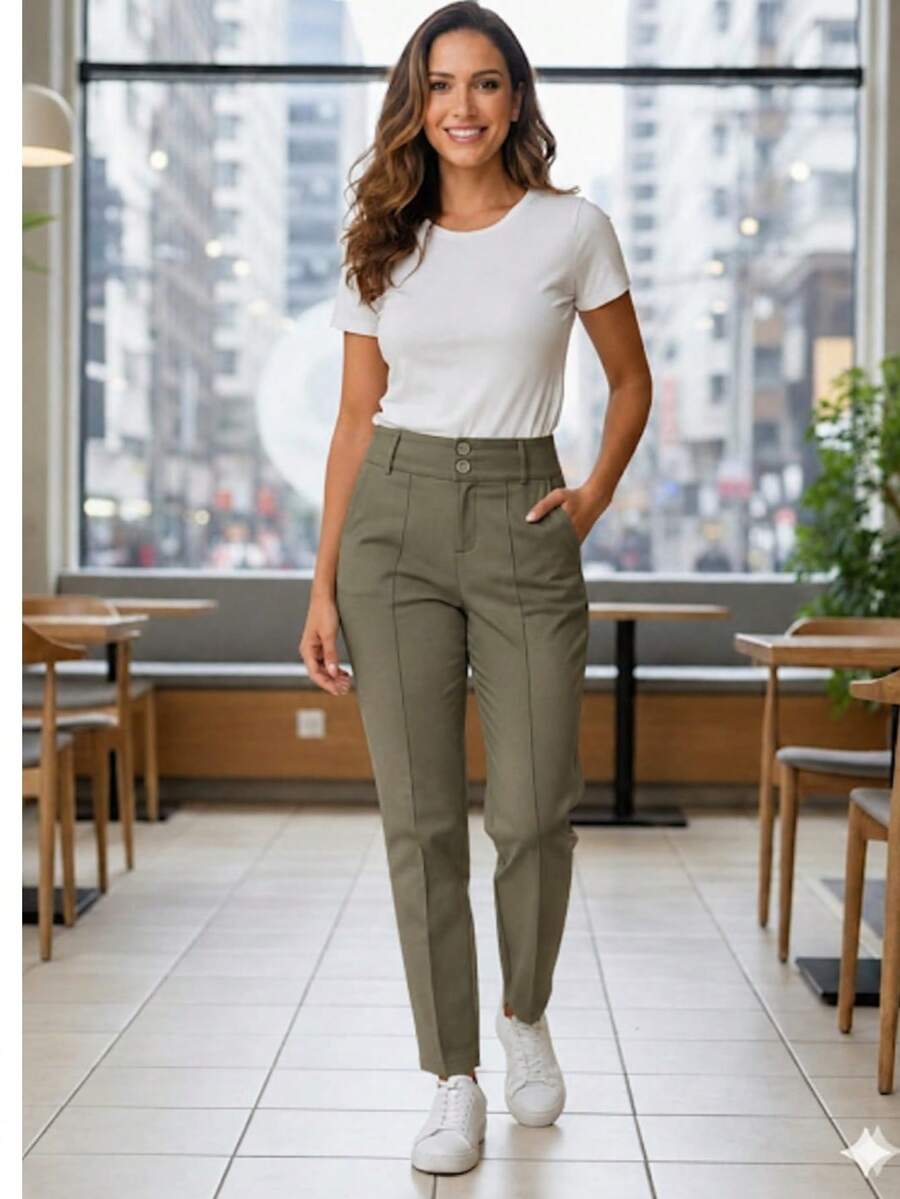 Women's Twill Pants With Lycra And Inset Pockets - Hunter Green - View 1