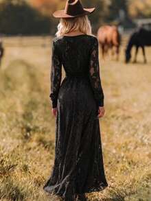 Black Lace Women's Long Dress, Summer Elegant Sexy V-Neck Lace Sheer Split Waist Belt Women's Dress - Black - View 6