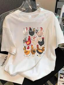 Top de mujer de manga corta y cuello redondo con estampado de gallinas y gallos, apto para todas las estaciones. - Blanco - Ver 1
