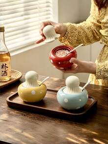 1pc Cute Mushroom Shaped Ceramic Seasoning Jar With Spoon, Multi-Purpose Salt & Sugar Canister, Kitchen Storage Jar, Coffee & Sugar Jar, Afternoon Tea Utensil, Home Decor Gift - Multicolor - View 1