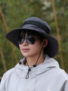 1pc Men's Mesh Bucket Hat, Summer Sun Protection Hat, Solid Color Outdoor Hiking Fishing Hat - A - View 2