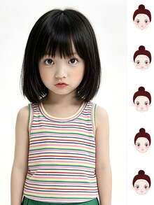Fashion Short Bob Wig Full Head Cover Children's Styling Short Wig Cap - 黑棕色 - 查看 3