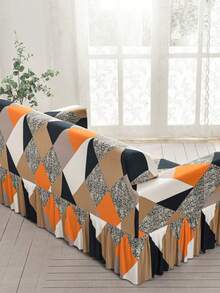1pc Printed Hem Style Full Coverage Elastic Sofa Cover, Dust-Proof & Stain-Resistant, Stretchy One-Piece Full Coverage Sofa Protector, Living Room Home Decor, Machine Washable - Orange - View 4