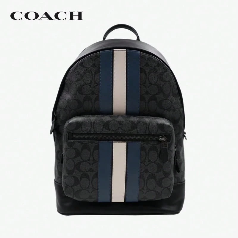 COACH\ West 35 Classic Monogram Blue & White Striped Large Capacity Backpack, Cowhide Leather, Large Size, Black & Grey, Men's Backpack 3001QBOH0 - Black - View 1