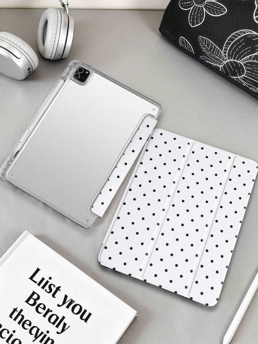 波點白色平板保護殼,相容 iPad Mini6/Mini7/Air/Air2/9.7/10.2/10.5/10.9 (Air4-Air8)/Pro 11/10th Gen/A16/Pro 11 2024 機型,彩繪圖案平板保護殼配透明壓克力背殼,三折支架,自動休眠/喚醒,內建筆槽,不含筆,部分機型附相機框 - 黑與白 - 查看 1