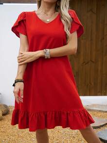 Women's Dress With V-Neck, Shell Sleeves And Ruffles - 象牙白色 - 查看 4