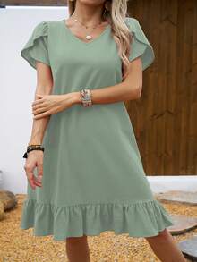 Vestido de Mujer con Cuello en V, Mangas de Concha y Volantes - Gris azul - Ver 5