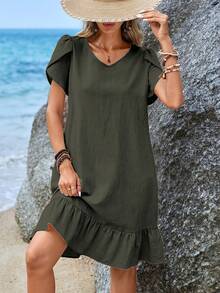 Vestido de Mujer con Cuello en V, Mangas de Concha y Volantes - Verde Gris - Ver 5