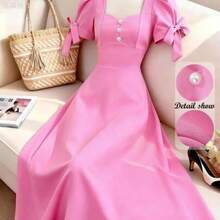 jianchaimaoyi02 Qadelle Vestido rosa de línea A con cintura ceñida, decoración de puño con botón de perla, manga con lazo, encantador, elegante, dulce y lindo, adecuado para uso diario, vacaciones, viajes, citas, estilo de calle francés, versátil y retro, vestido corto de manga corta de primavera/verano en color rosa - Rosa Pálido - Ver 1