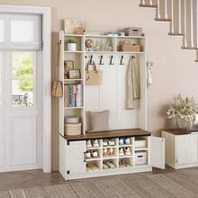 HaluPeit 47.2" Hall Tree, LED Farmhouse Entryway Storage And Coat Rack Wood, Entryway Furniture With 7 Hooks, Hall Tree With Bench And Storage, 6 Storages Partitions Shoe Bench, Rustic White - White - View 3