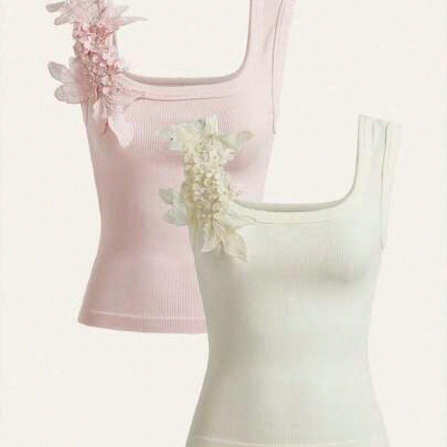 Top de tirantes acanalado sin costuras con bordado de moda - Multicolor - Ver 1