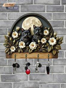 Black Cat Theme Wooden Key Holder, Multi-Functional Wooden Home Decor Wall-Mounted Key Storage Rack, Creative Cat-Shaped Storage Shelf, Entryway Hook, Wall Decor, Porch Decor, Room Decor, Villa Decor, All-Season Home Decor, 2D Flat Design, 1pc - Two Black Cats - View 4