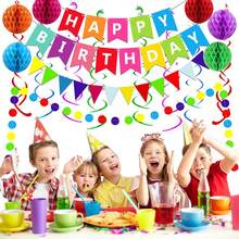 1 Set Neutral Happy Birthday Banner, Includes Colorful Paper Flags, Paper Ring Garland, Sequin Garland, Spiral Streamers And Honeycomb Balls, Complete Hanging Party Decoration Set, Suitable For Birthday, Baby Shower, Anniversary, Holiday Celebration Supplies - Multicolor - View 5
