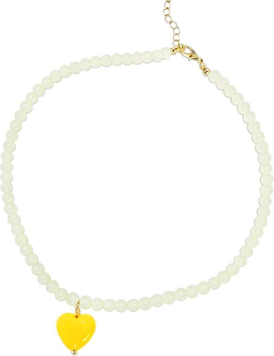 Euuztu Colorful Beaded Choker Pink Peach Heart Necklace Chunky Big Heart Pendant Cute Necklace Blue Beaded Cool Hearts Choker Accessories Jewelry Women - Màu đỏ đào - Xem 1