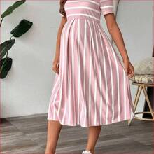 VUUG
  Vestido de maternidad casual estilo midi con cuello redondo y mangas cortas a rayas para mujeres embarazadas - Negro01 - Ver 4