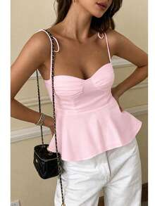 1 Piece Women's Casual Top With Ruffled Hem, Elegant White Tank Top, Fitted Cropped Camisole, Lightweight For Vacation And Work, Front Strap, Spring/Summer/Autumn - 淺粉色 - 查看 2