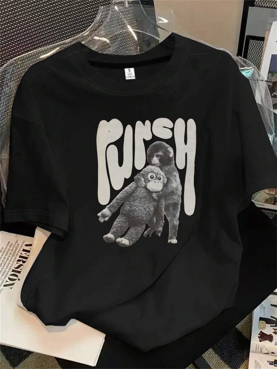 Camiseta de manga corta con cuello redondo para mujer, con estampado fotográfico de un osito de peluche, apta para todas las estaciones. - Negro - Ver 1