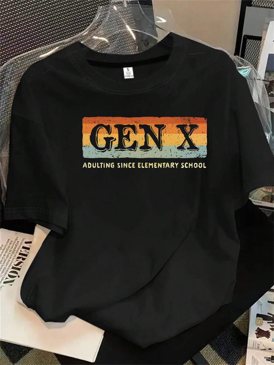 Camiseta de manga corta y cuello redondo para mujer, con fondo blanco y estampado del logotipo de Genx, apta para todas las estaciones. - Negro - Ver 1