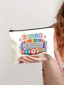 "Bingo"字母印花旅行盥洗包，卡通趣味多功能帆布包，充電器收納包，旅行必備化妝包：女孩旅行生存包，男女通用拉鍊包，化妝品、彩妝與旅行必備輕便收納包，適合青少年的完美禮物，生日與旅行配件，節日禮物，母親節禮物 - 彩色 - 查看 2