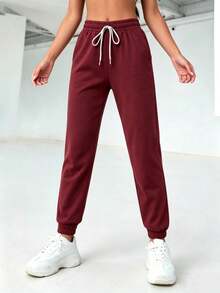 Straight-Leg Trousers With Elastic Waistband And Drawstring, Pleated, Solid Color, For Everyday Casual Wear, Spring/Summer - Burgundy - View 3