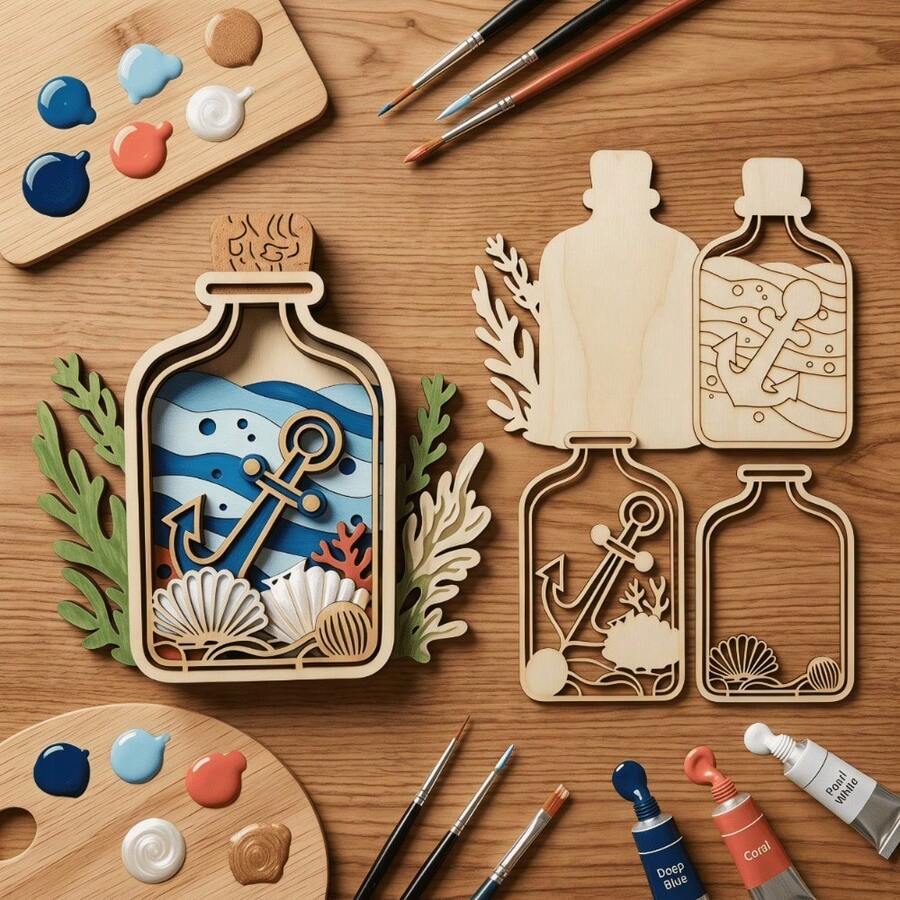1 Set Perlengkapan Lukisan Botol Kayu Bertema Laut, Papan Kayu Potong Laser Belum Selesai dengan Pola Jangkar, Kerang, dan Ombak, Kerajinan Tangan DIY, Cocok untuk Dekorasi Rumah Bertema Pantai, Meja, dan Dinding - A - View 1