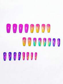 24 pezzi Unghie finte a righe di lunghezza media multicolore alla moda, punte per manicure estive eleganti e minimaliste con colore solido e sfumato, facili da applicare e rimuovere, unghie press-on riutilizzabili per viaggi, feste, eventi e vacanze - Multicolore - Visualizzare 3