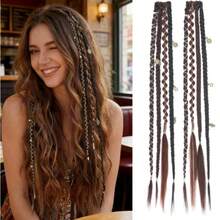 2pcs/Set Women's Clip-In Braided Hair Extensions, 20 Inch With Beads And Charms, Handmade Synthetic Bohemian Style Hair Pieces, Suitable For Cosplay, Renaissance Fair, 8 Strands - 彩色 - 查看 12
