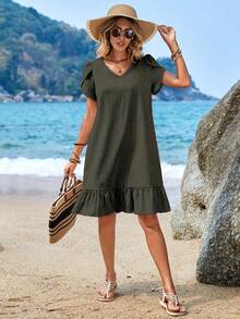 Vestido de Mujer con Cuello en V, Mangas de Concha y Volantes - Gris azul - Ver 8