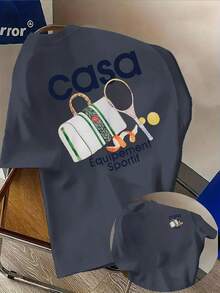 Men's "CASA Tennis" Short-Sleeve T-Shirt - Tennis-Themed Crew Neck Summer Top With Letter Print, Machine Washable And Dry Cleanable, Durable Casual We - White - View 7
