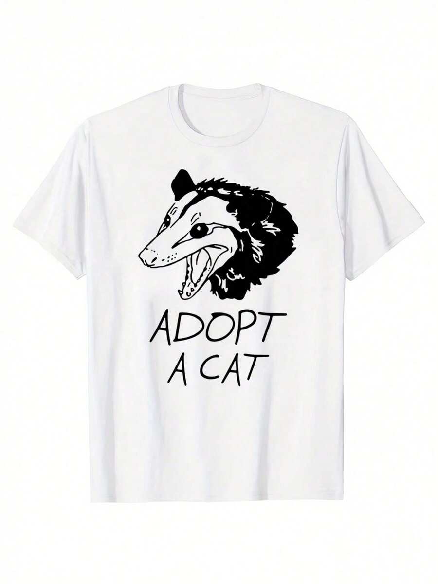 LXF2026 Funny Graphic T-Shirt Adopt An Opossum Lover - White T-Shirt With Black Animal Face - Soft Cotton Shirt For Men And Women - Animal Rescue Casual Wear - Funny Pet Adoption Gift Machine Washable Unisex Clothing. Playful Design. Quirky Fashion. Comfortable Fit. Humorous Clothing. Funny Fashion. Lightweight Clothing. Loose Fit Top XIAM - 白色 - 查看 1