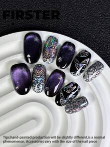 10pcs Short Oval Handmade Press On Nails, Summer Nails, Black & Purple Cat Eye Fake Nails, Butterfly, Star & Crackle Nail Art, Glossy Finish, Reusable Acrylic Nails For Daily Wear - Multicolor - View 3