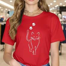 Stylish Everyday Outfits: Women's Pure Cotton T-Shirt With Cat Print, Short Sleeve, Round Neck, Casual Style With Cute Kitten Paw Prints, Loose Fit For Everyday Wear, Various Sizes, Soft And Breathable Cotton Fabric, Fashion Graphic T-Shirt For Cat Lovers, Lightweight Basic Summer T-Shirt, Black/White Color Options, Loose Summer Clothes For Women. - 紅色 - 查看 1