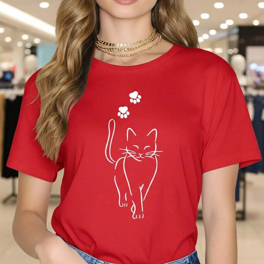 Stylish Everyday Outfits: Women's Pure Cotton T-Shirt With Cat Print, Short Sleeve, Round Neck, Casual Style With Cute Kitten Paw Prints, Loose Fit For Everyday Wear, Various Sizes, Soft And Breathable Cotton Fabric, Fashion Graphic T-Shirt For Cat Lovers, Lightweight Basic Summer T-Shirt, Black/White Color Options, Loose Summer Clothes For Women. - 紅色 - 查看 1