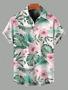 Vacation Couple Outfit Hibiscus Flower Leaf Print Slit Dress And Shirt Set - Set - View 4