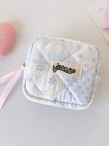 1Pc Kawaii Quilted Mini Storage Pouch With Lace-Up, Floral Bow Print Cosmetic & Sanitary Pad Bag, Portable Travel Organizer For Small Items - Multicolor - View 13