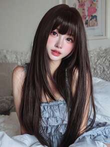 7JHH WIGS 32吋棕色長層次直髮女用假髮－優雅瀏海假髮，深色髮根，自然蓬鬆極柔軟合成耐熱纖維全機製假髮，適合女孩日常、音樂節派對、Cosplay動漫使用 - 棕色 - 查看 1