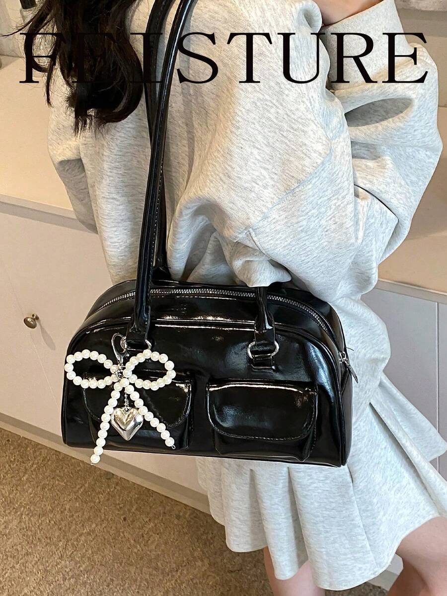 Women's Spring/Summer Fashion Tote Bag, Large Capacity Multi-Pocket Commute Handbag, Suitable For Music Festivals, Party Events, Comes With Bow Charm, Street & Japanese Bag For Women , Y2k