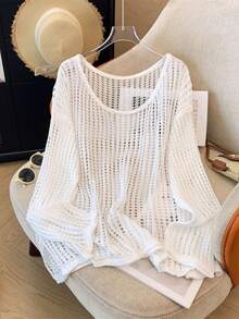 Women's Boho Vintage White Crochet Hollow Out Long Sleeve Round Neck Crop Cover Up, Semi-Sheer Vacation Romantic Style Top - Màu trắng - Hình tròn - Xem 7