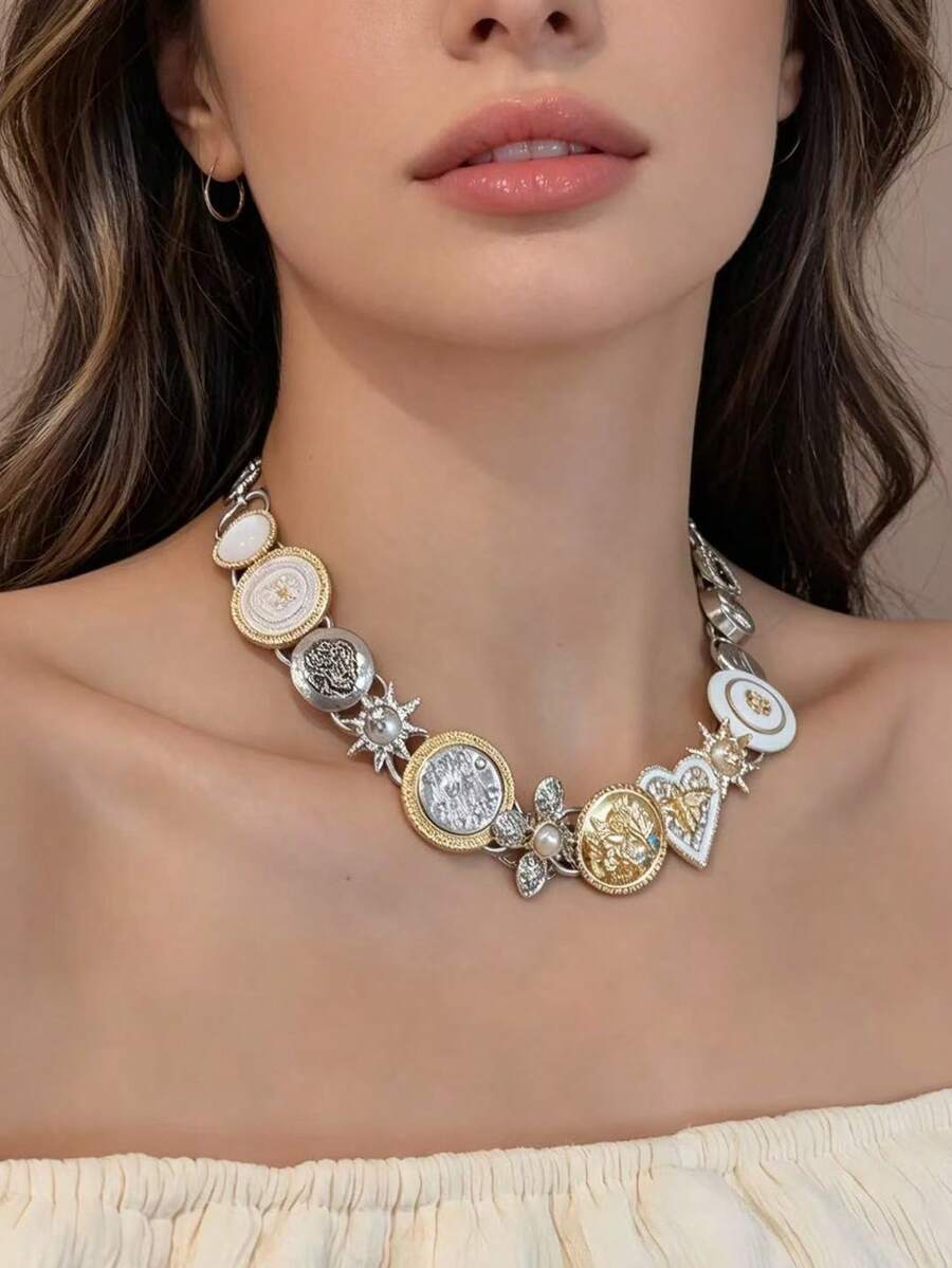 1件 Y2K 甜酷辣妹風龐克愛心花朵飾品項鍊,適合女性在派對和音樂節佩戴 - 彩色 - 查看 1