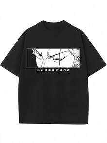 Nyaste modellen 2026. Ny sommarkollektion 2026: Oversized T-shirt med närbildsmönster av animekaraktär - Trendig svart T-shirt med vitt illustrationstryck och japansk slogan - Perfekt vardagsplagg för anime-fans och serietidningsälskare. Fri frakt, leverans inom 24 timmar. Populärhet - Svart - Visa 1