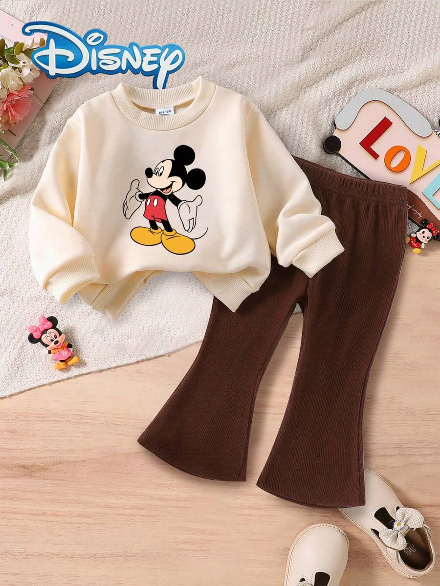 Disney Minnie Mouse 2Pcs Spring/Autumn Infant Girls Long Pants Set, Cartoon "Minnie Mouse" Cute Print Long Sleeve Top, Elastic Waist Solid Color Straight Leg Flare Pants, Children's Daily Outdoor Casual Entertainment, Skin-Friendly Baby Girl Clothing, Girls Fashion Simple Elegant Vibrant - Apricot - View 1