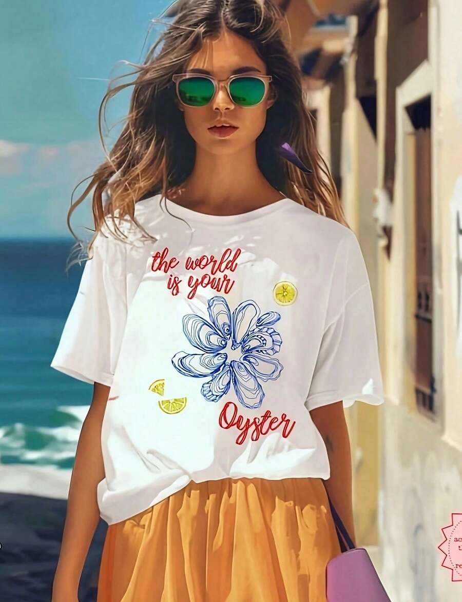 "The World Is Your Oyster" T-Shirt, Beach Vibes, Positive Quote T-Shirt, Coastal Aesthetic, Fisherman Style, 220g Pure Black Cotton Short Sleeve T-Shirt Is The Best Gift For, The - White - View 1